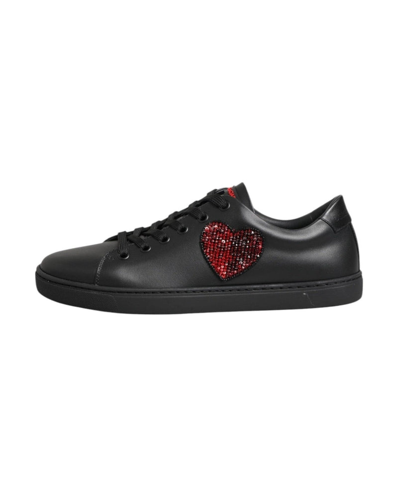 Dolce & Gabbana Black Leather Crystal Heart Low Top Sneakers Shoes Glam Steals