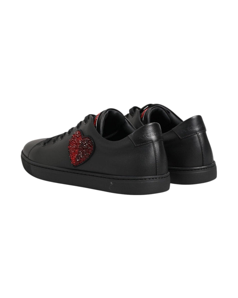 Dolce & Gabbana Black Leather Crystal Heart Low Top Sneakers Shoes Glam Steals