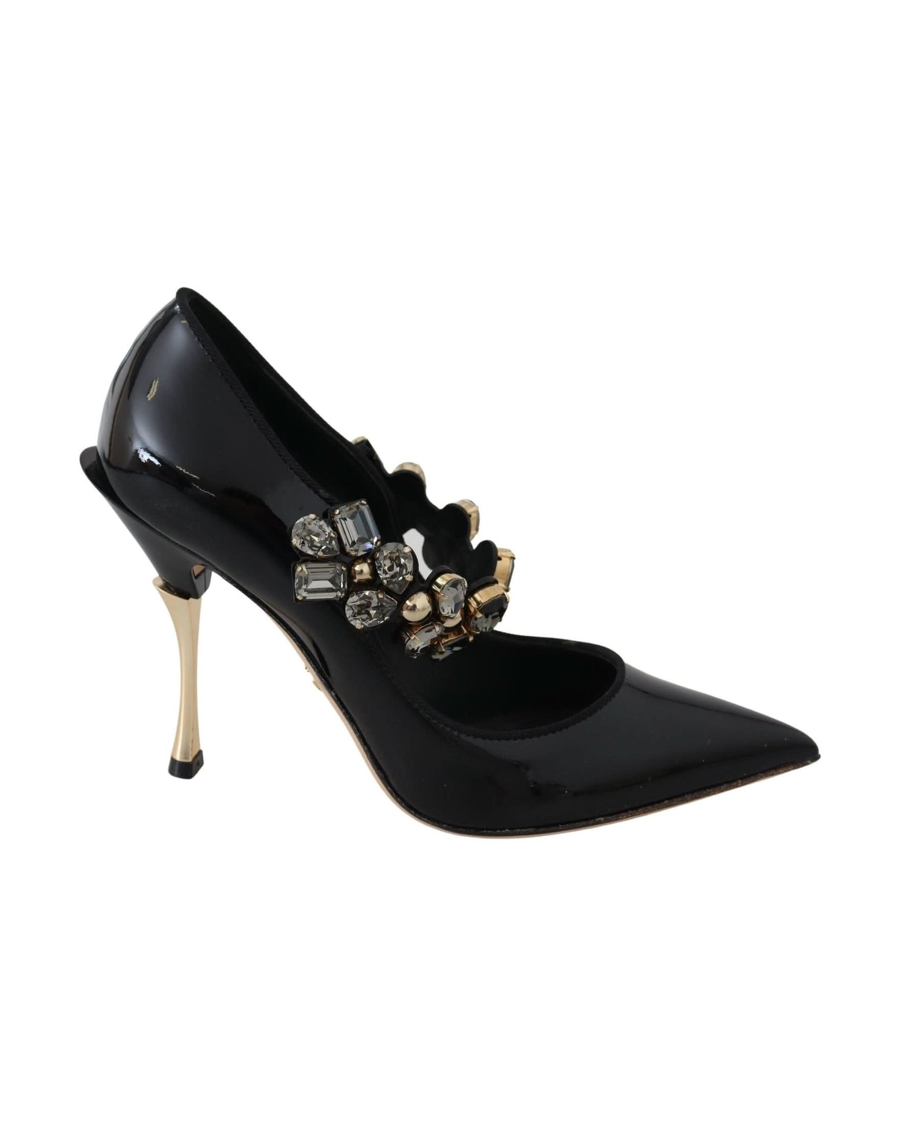 Dolce & Gabbana Black Leather Crystal Shoes Mary Jane Pumps Heels