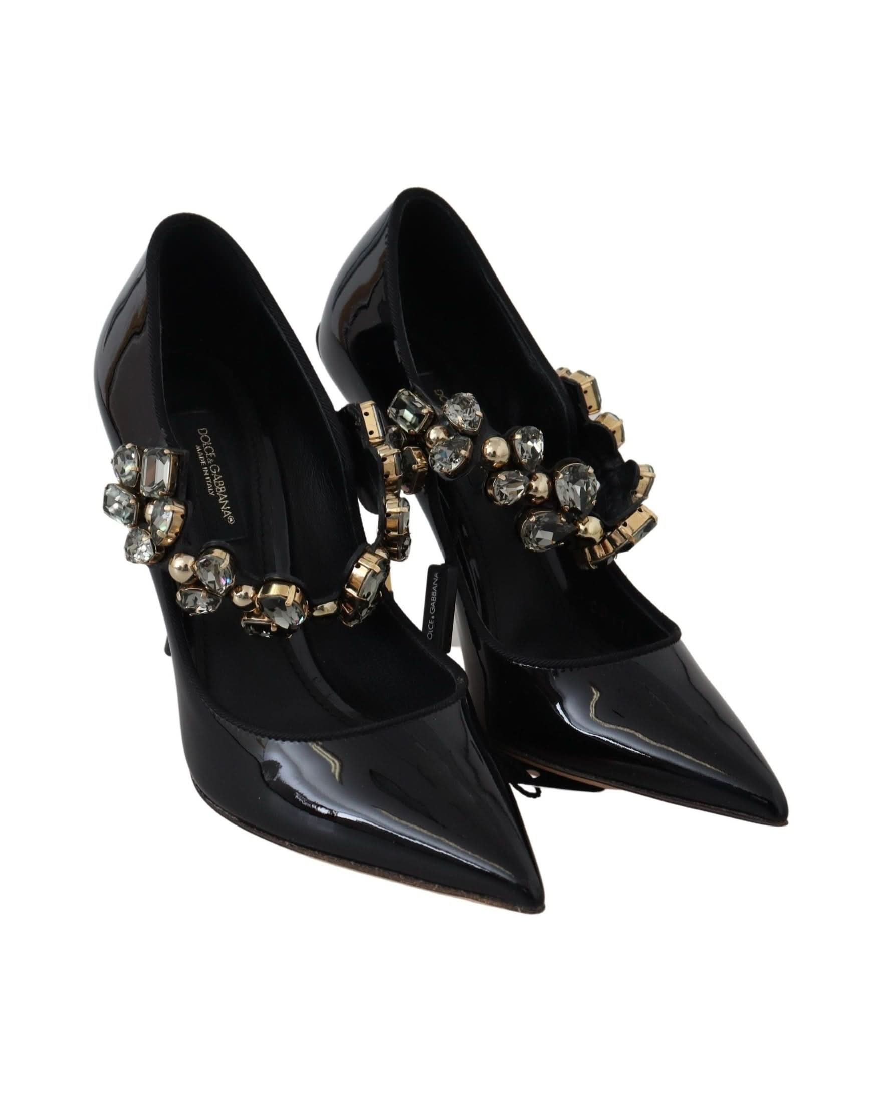Dolce & Gabbana Black Leather Crystal Shoes Mary Jane Pumps Heels