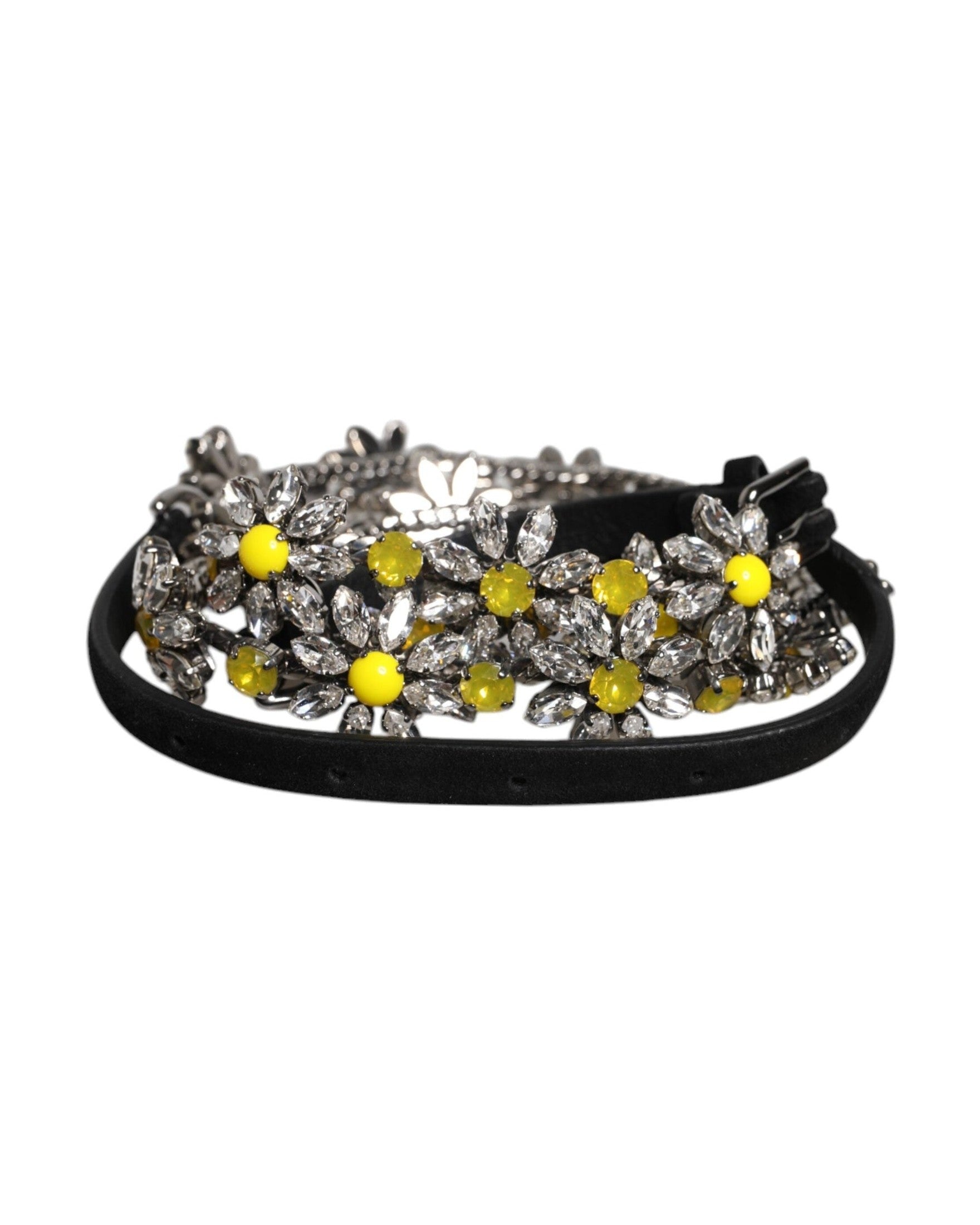 Dolce & Gabbana Black Leather Daisy Crystal Embellish Waist Belt Glam Steals