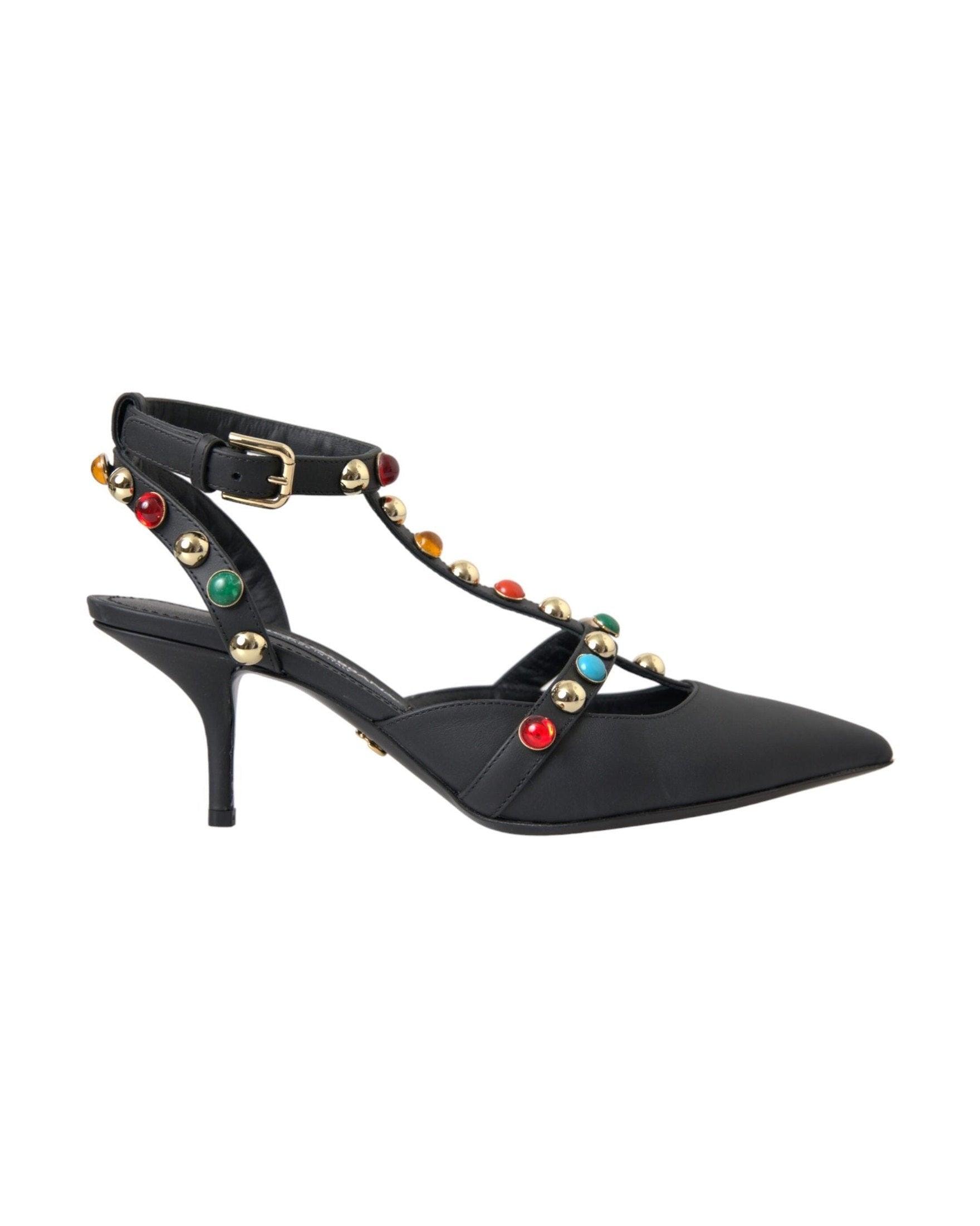 Dolce & Gabbana Black Leather Embellished Heels Sandal Shoes Glam Steals