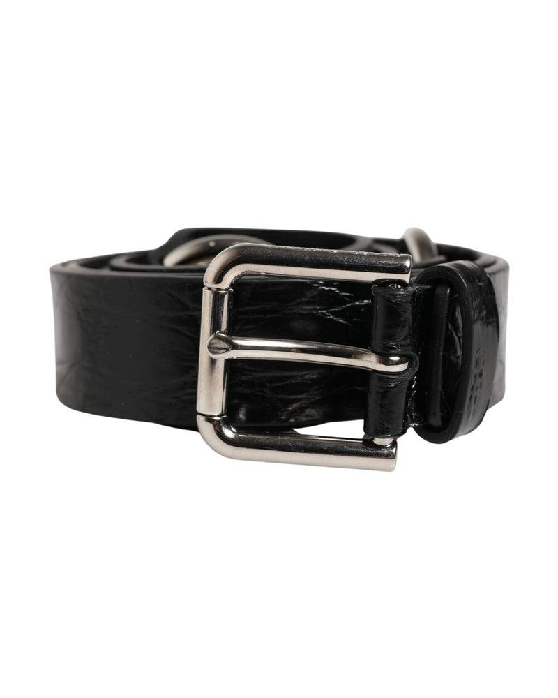 Dolce & Gabbana Black Leather Exotic Silver Metal Buckle Belt 
