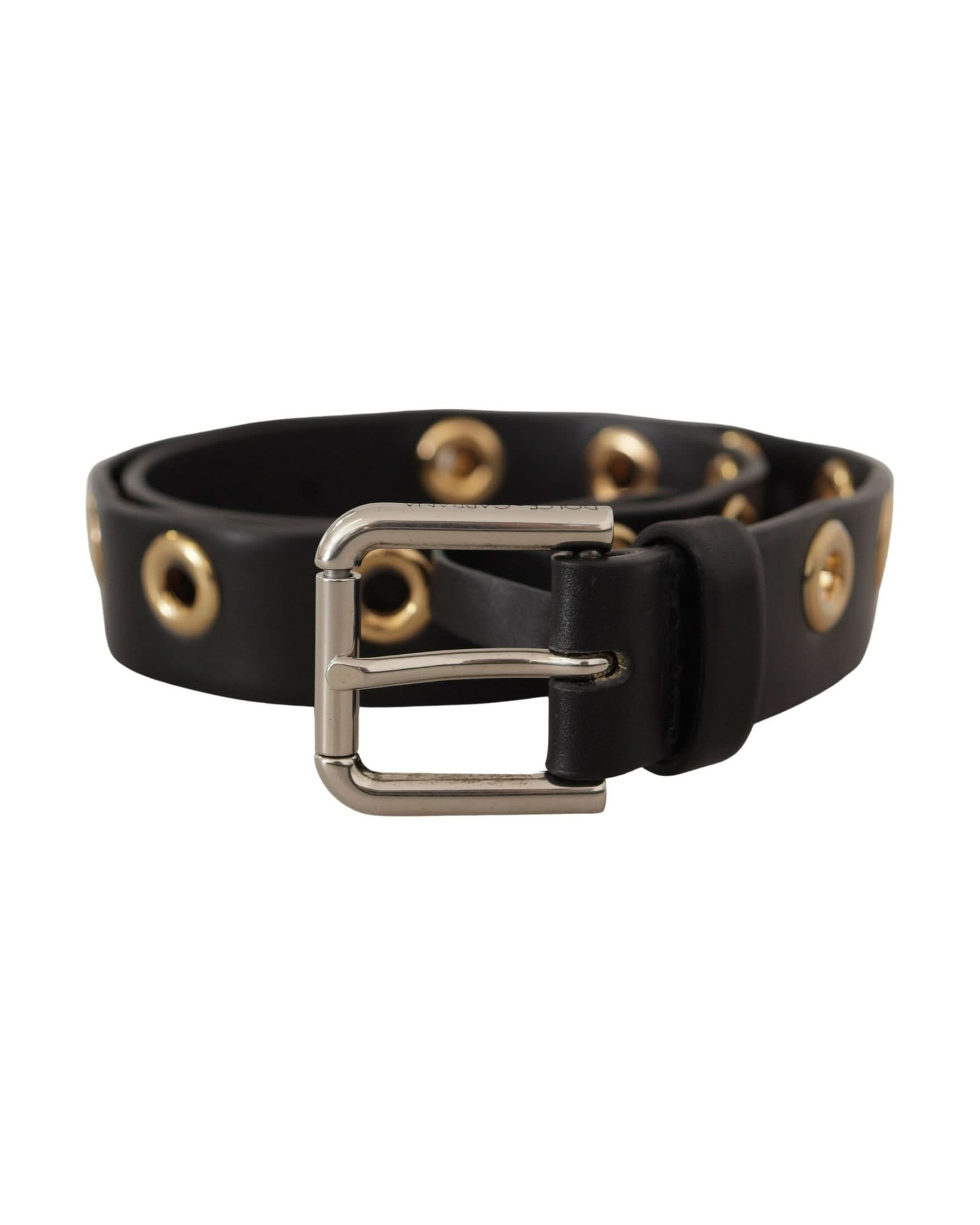 Dolce & Gabbana Black Leather Eyelet Silver Tone Metal Buckle Belt Belts
