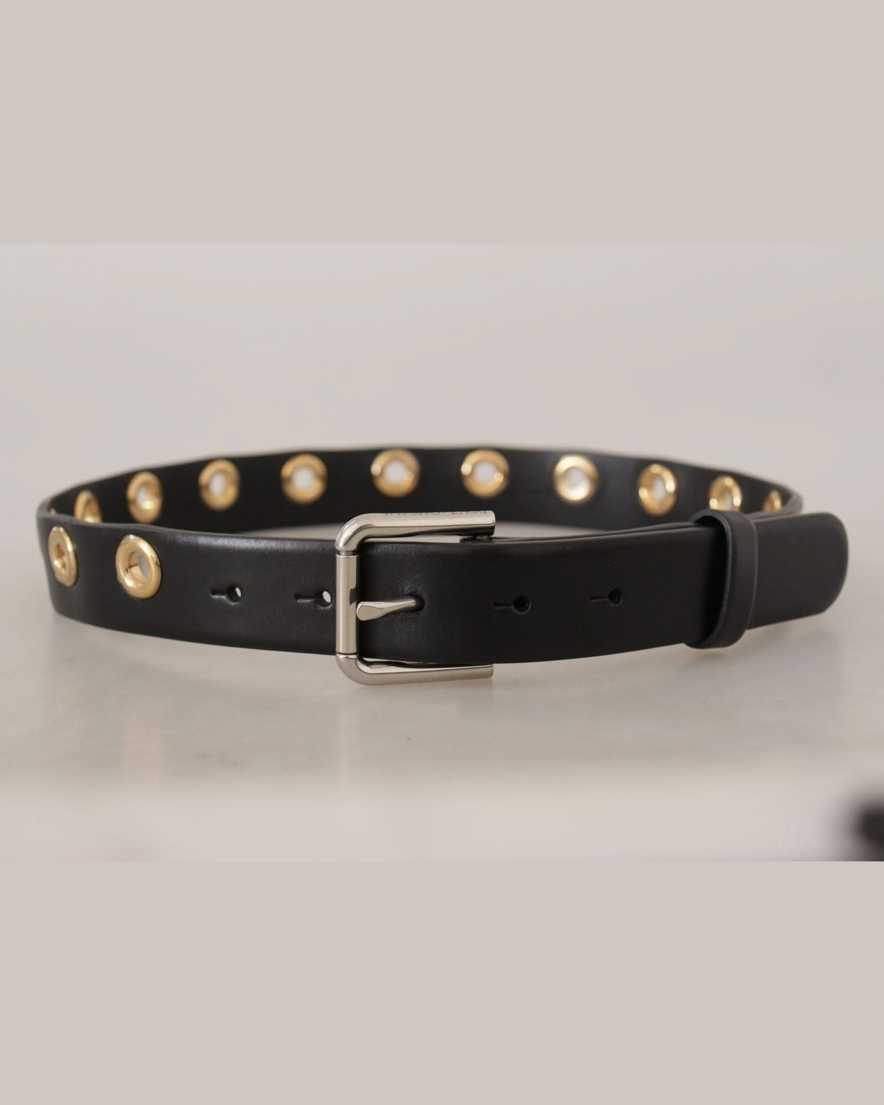 Dolce & Gabbana Black Leather Eyelet Silver Tone Metal Buckle Belt Belts