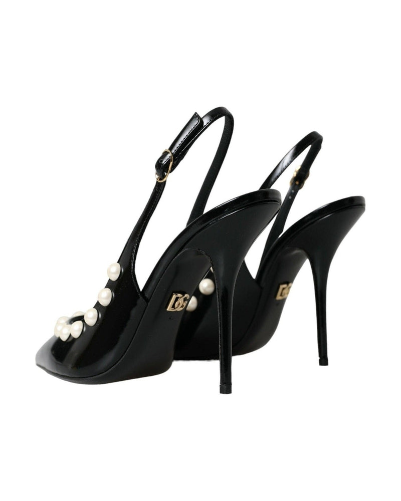 Dolce & Gabbana Black Leather Faux Pearl Heel Slingback Shoes Glam Steals