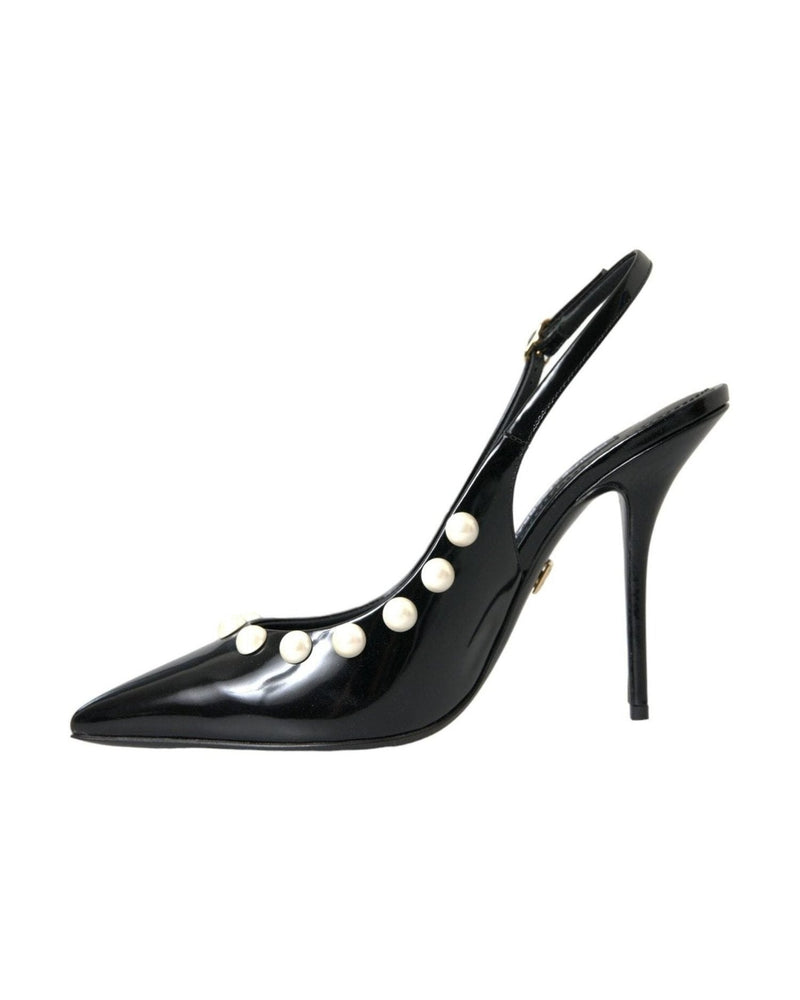Dolce & Gabbana Black Leather Faux Pearl Heel Slingback Shoes Glam Steals