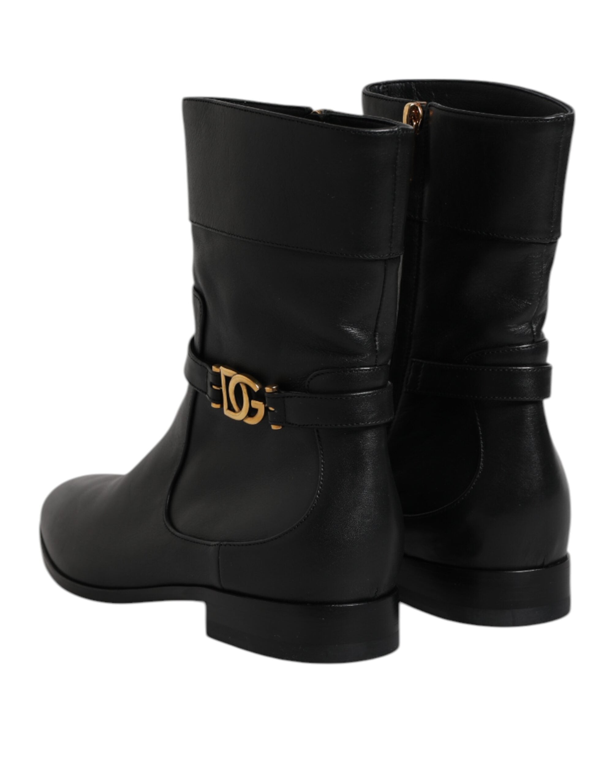 Dolce & Gabbana Black Leather Flats Logo Short Boots Shoes Glam Steals