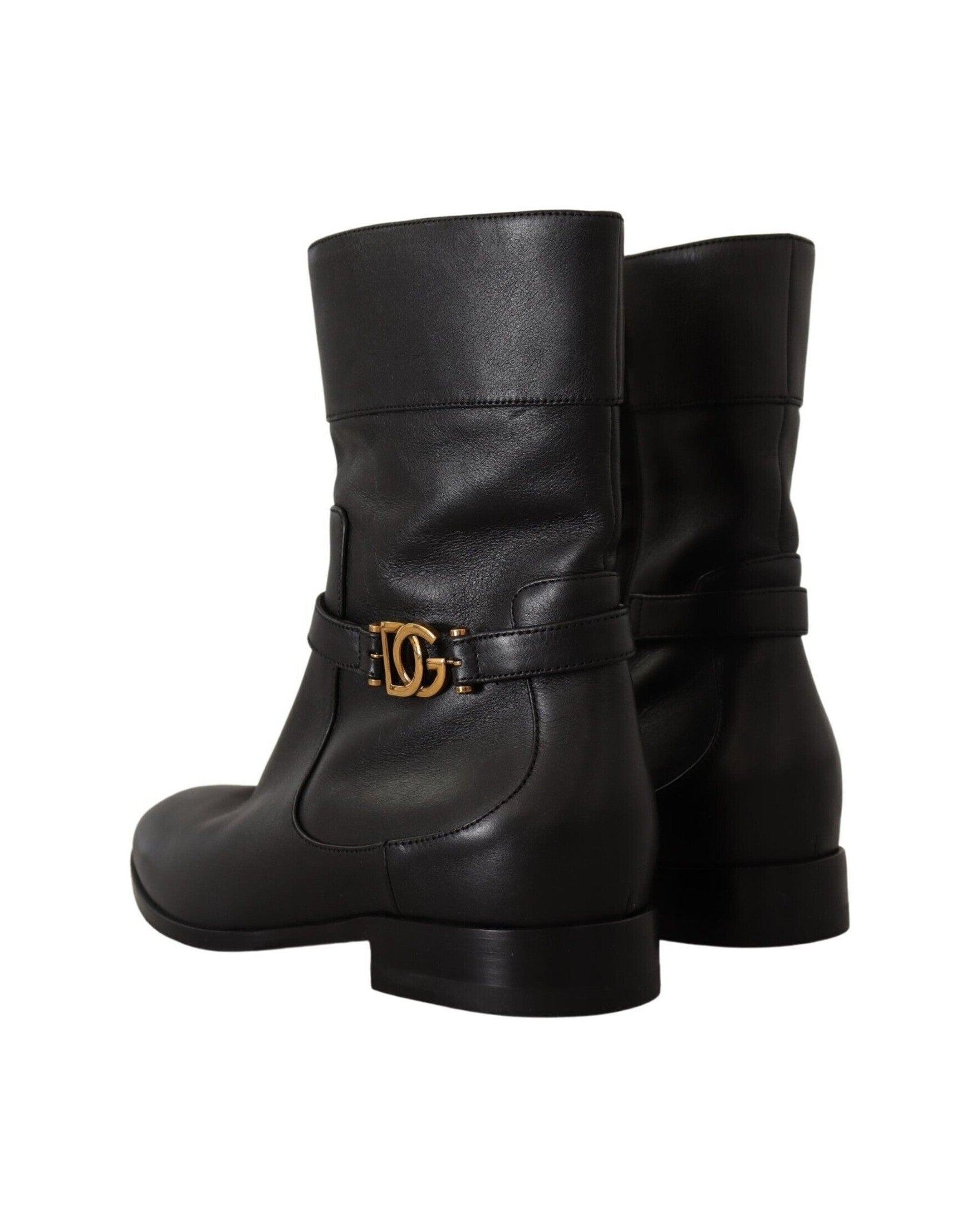 Dolce & Gabbana Black Leather Flats Logo Short Boots Glam Steals