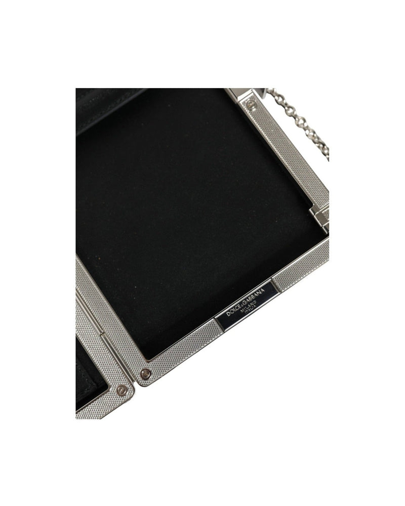 Dolce & Gabbana Leather Frame Clutch Mini Crossbody Black Silver Bag Glam Steals