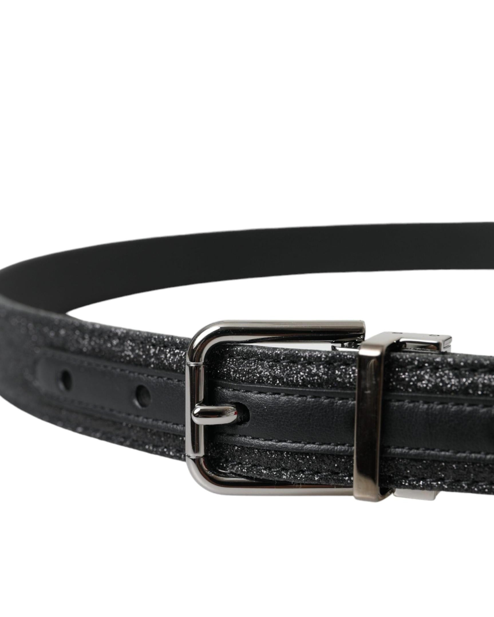 Dolce & Gabbana Black Leather Glittered Silver Buckle Belt Belts