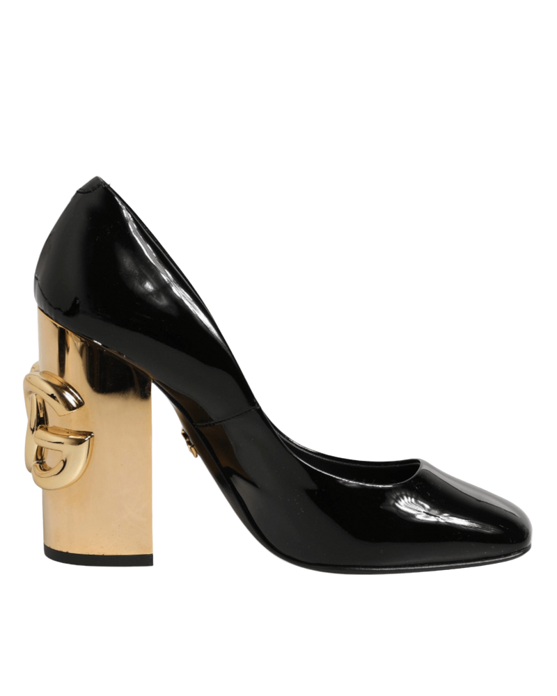 Dolce & Gabbana Black Leather Gold Patent Logo Heels Pumps Shoes Glam Steals