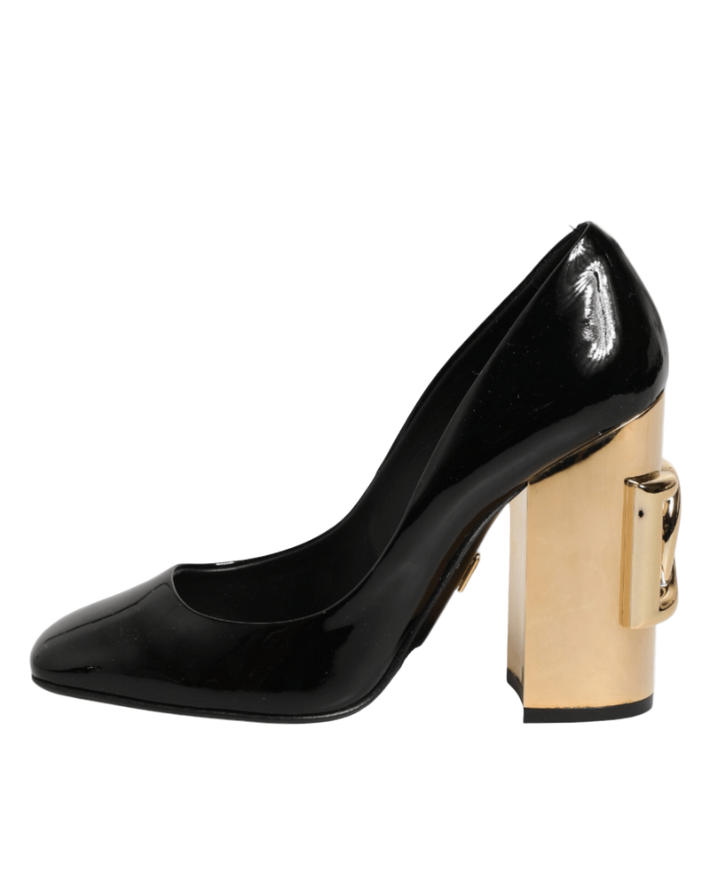Dolce & Gabbana Black Leather Gold Patent Logo Heels Pumps Shoes Glam Steals