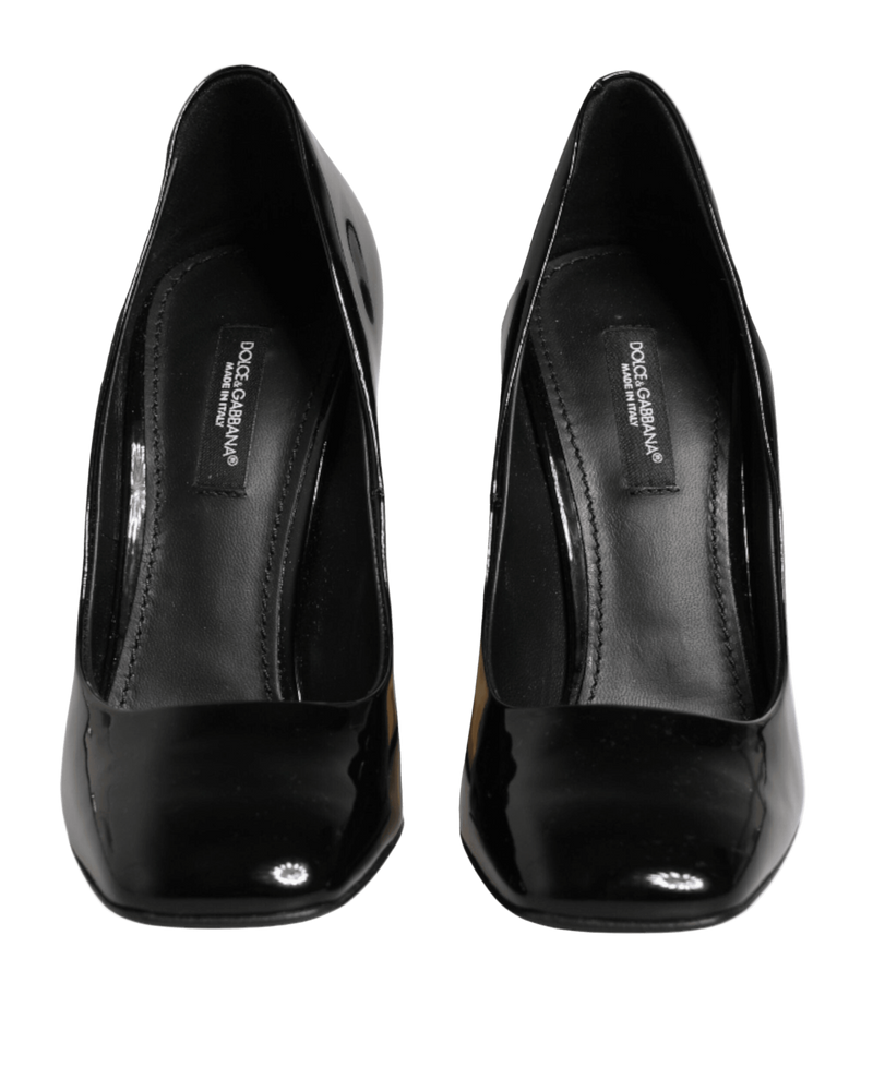 Dolce & Gabbana Black Leather Gold Patent Logo Heels Pumps Shoes Glam Steals