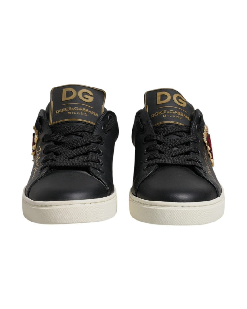Dolce & Gabbana Black Leather Gold Red Heart Sneakers Shoes Glam Steals