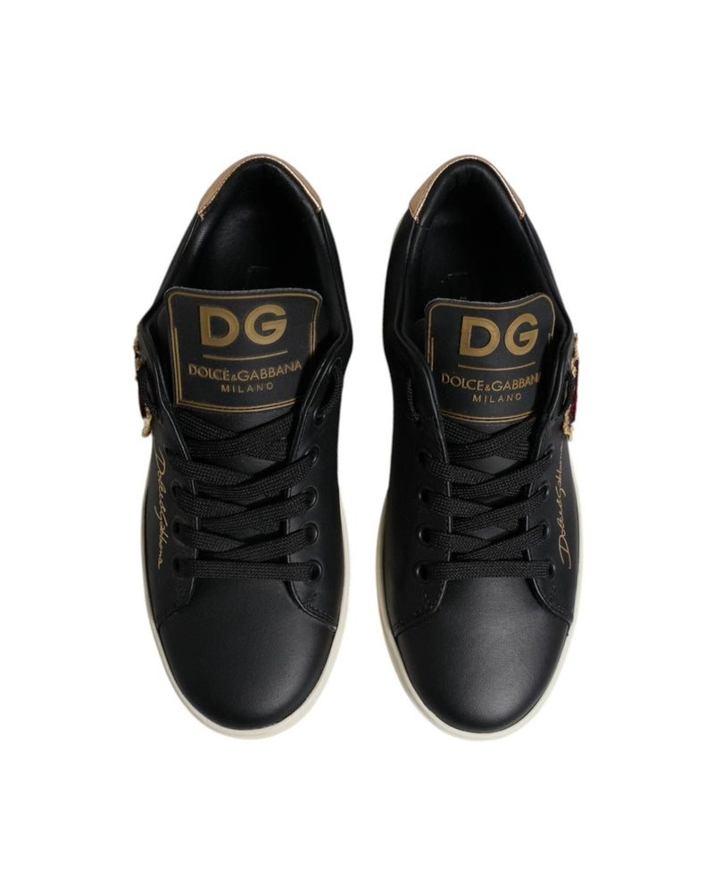 Dolce & Gabbana Black Leather Gold Red Heart Sneakers Shoes Glam Steals