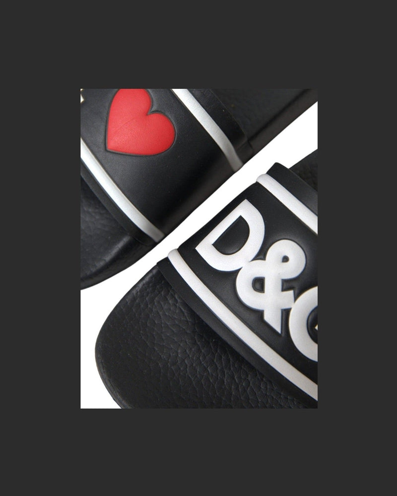 Dolce & Gabbana Black Leather I Love D&G Sandals Slides Shoes Glam Steals