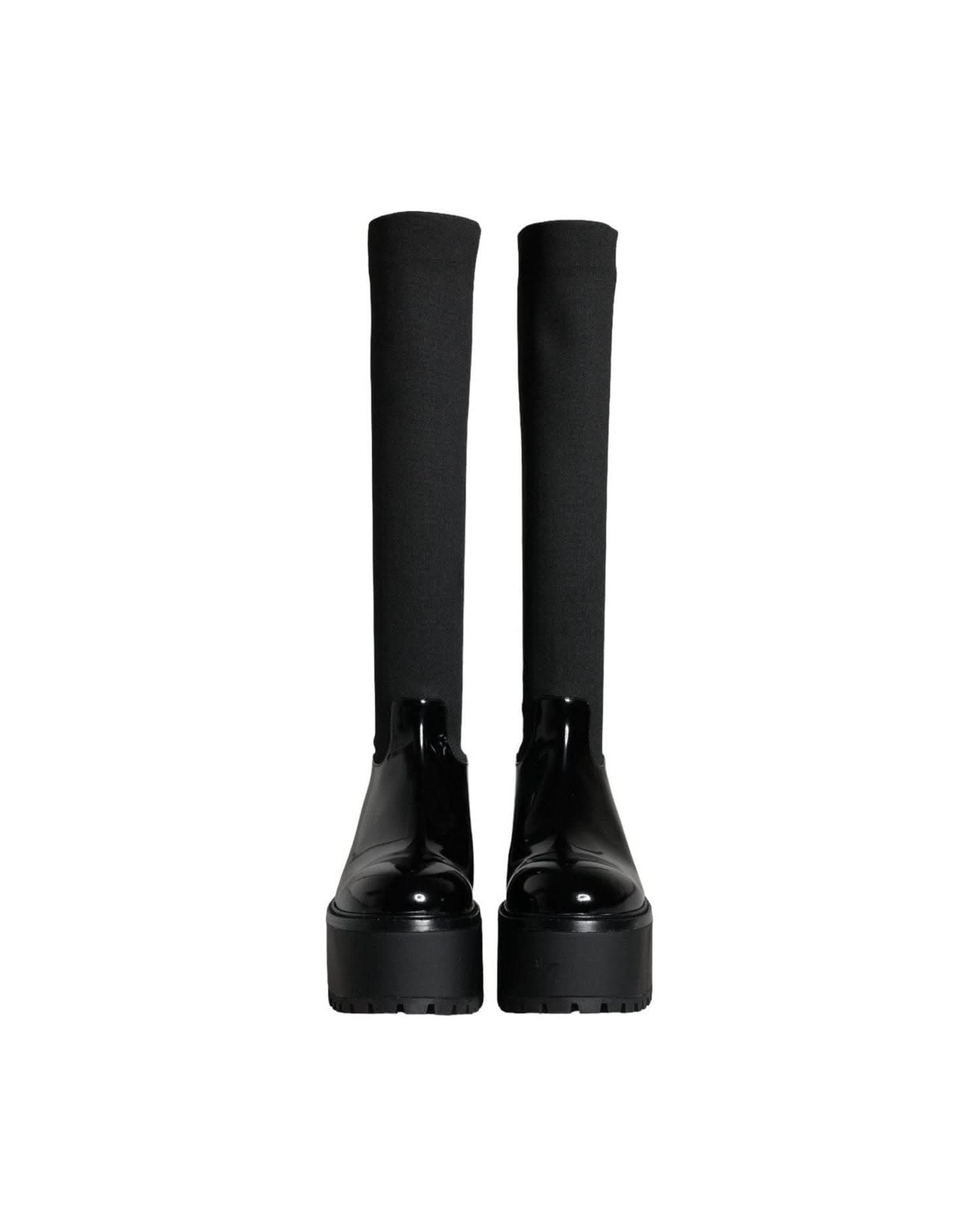 Dolce & Gabbana Black Leather Jersey Knee High Boots Shoes Boots