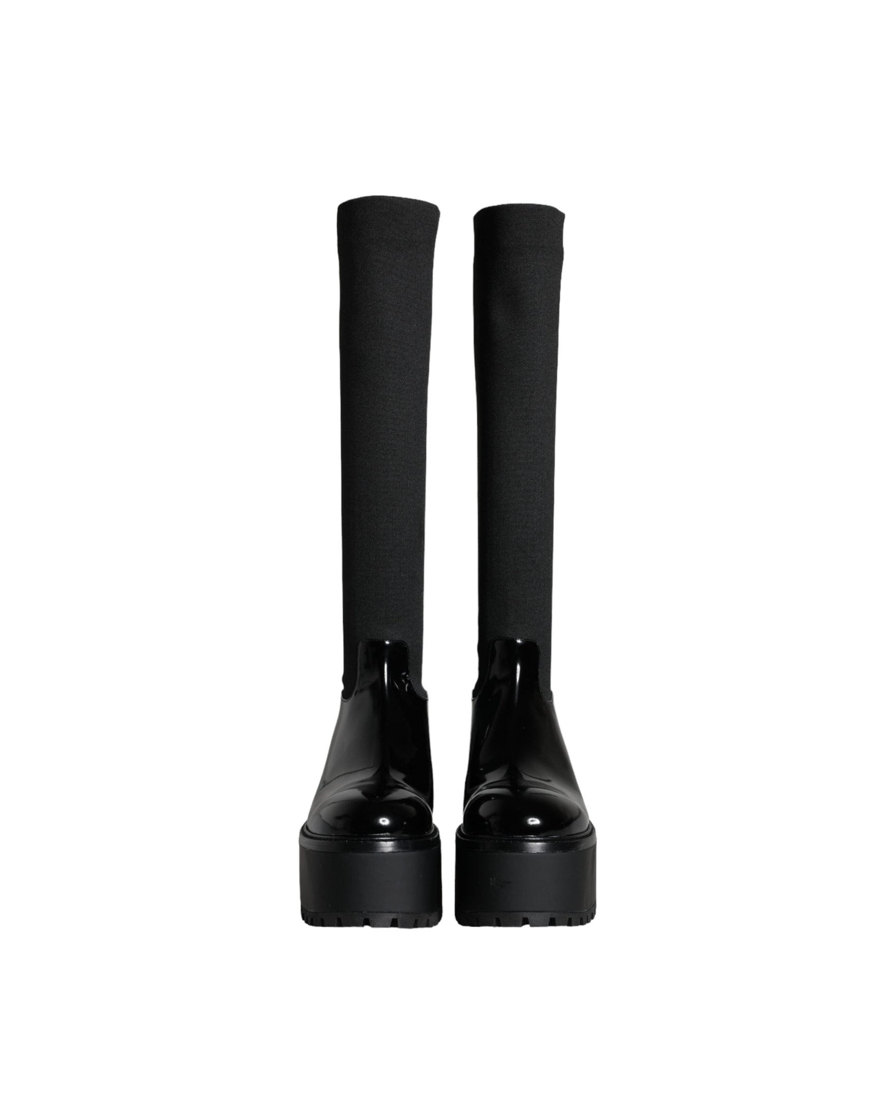 Dolce & Gabbana Black Leather Jersey Knee High Boots Shoes Glam Steals