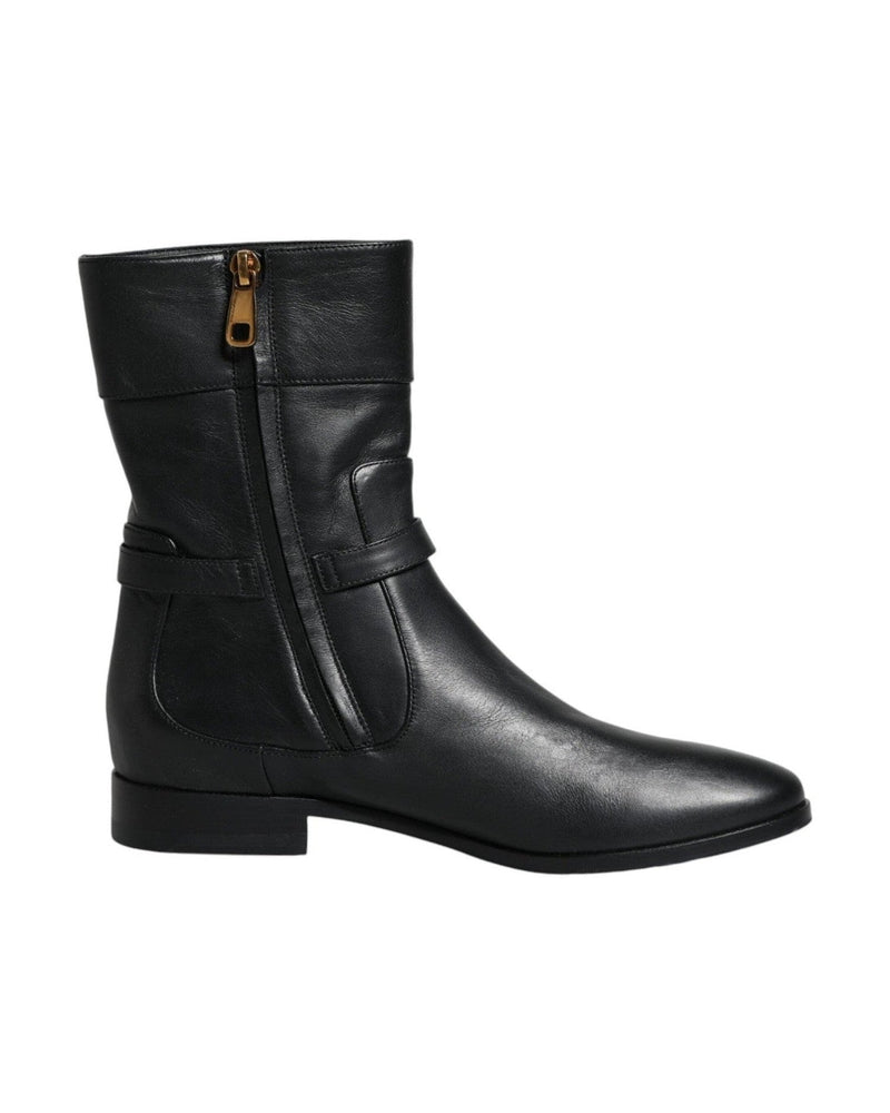 Dolce & Gabbana Black Leather Logo Mid Calf Boots Shoes Boots