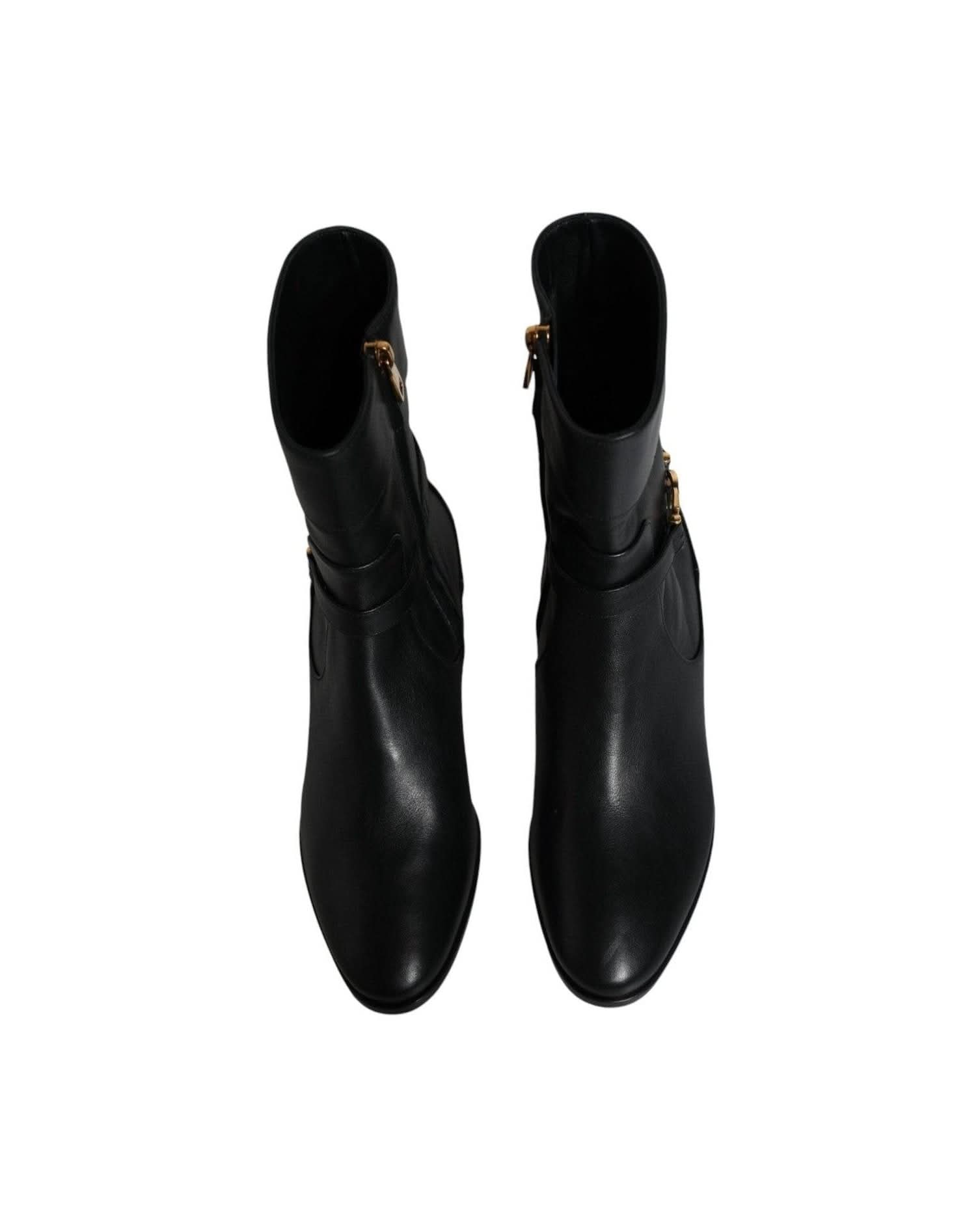 Dolce & Gabbana Black Leather Logo Mid Calf Boots Shoes Boots