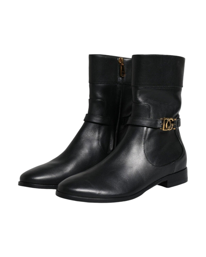 Dolce & Gabbana Black Leather Logo Mid Calf Boots Shoes Boots