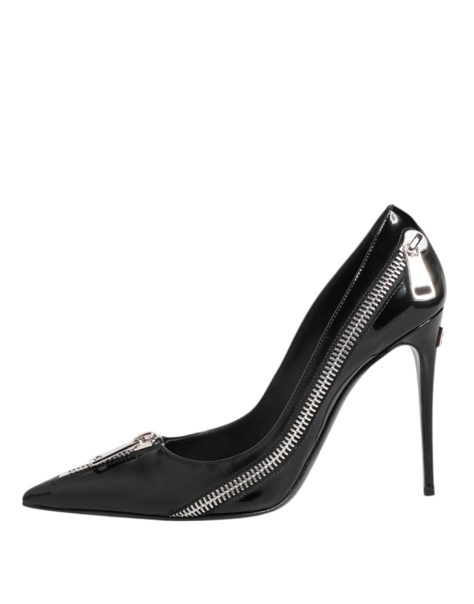 Dolce & Gabbana Black Leather Patent Zipper Heels Pumps Shoes Glam Steals