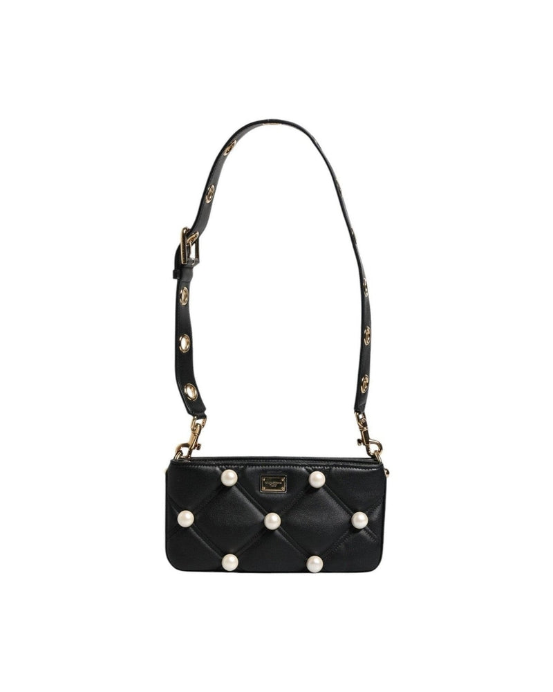 Dolce & Gabbana Leather Pearl Embellished Logo Shoulder Black Bag Glam Steals
