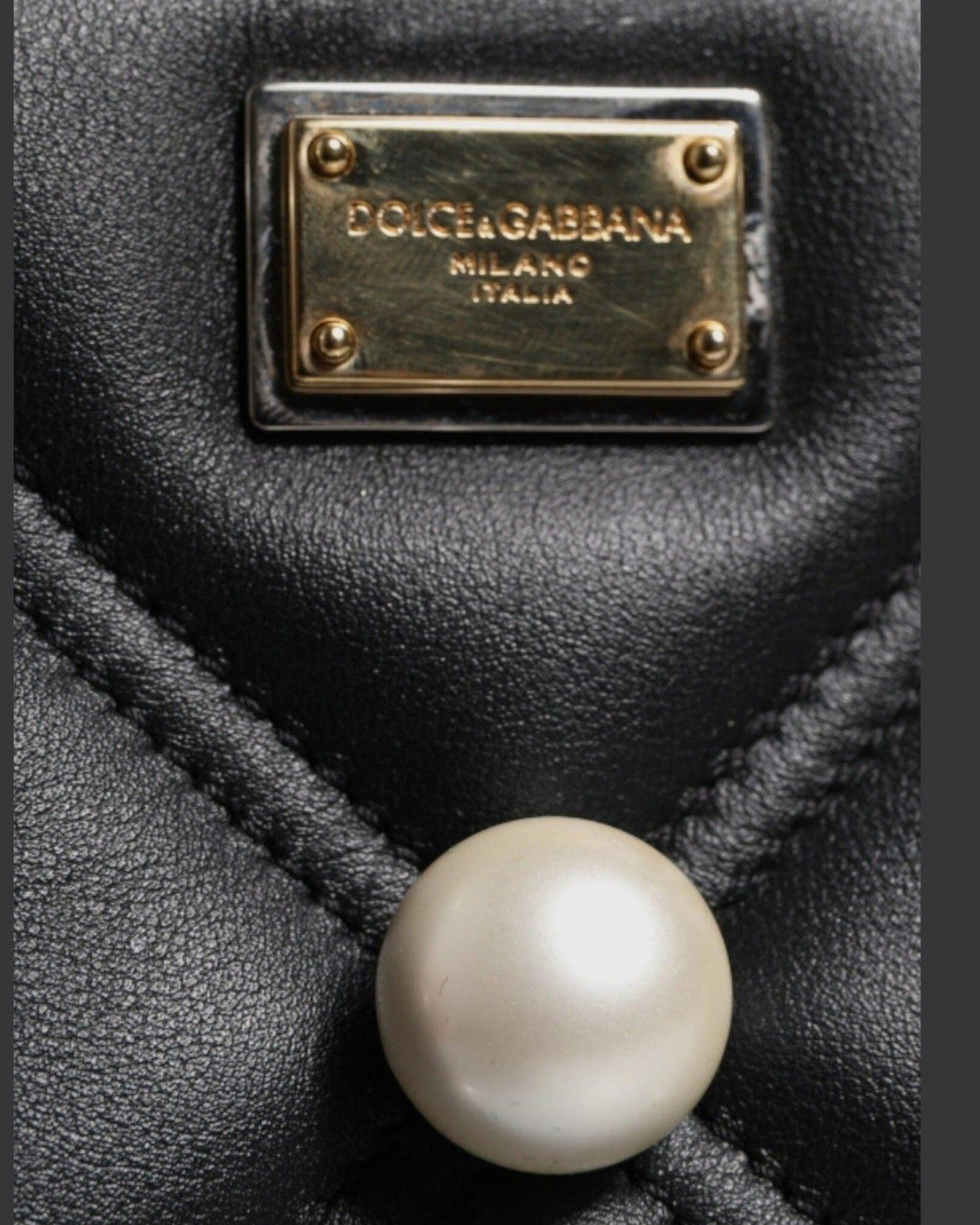 Dolce & Gabbana Leather Pearl Embellished Logo Shoulder Black Bag Glam Steals