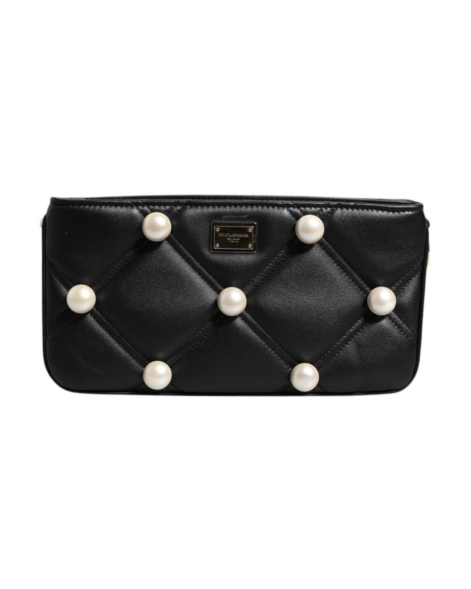 Dolce & Gabbana Leather Pearl Embellished Logo Shoulder Black Bag Glam Steals