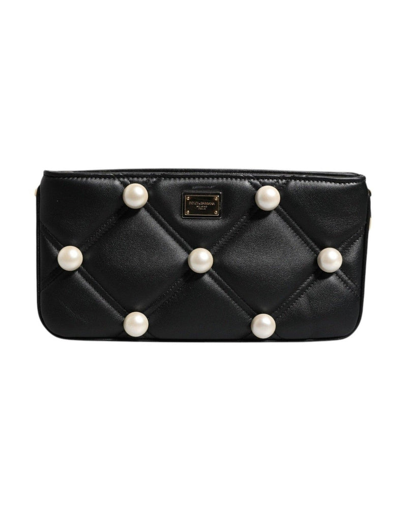 Dolce & Gabbana Leather Pearl Embellished Logo Shoulder Black Bag Glam Steals