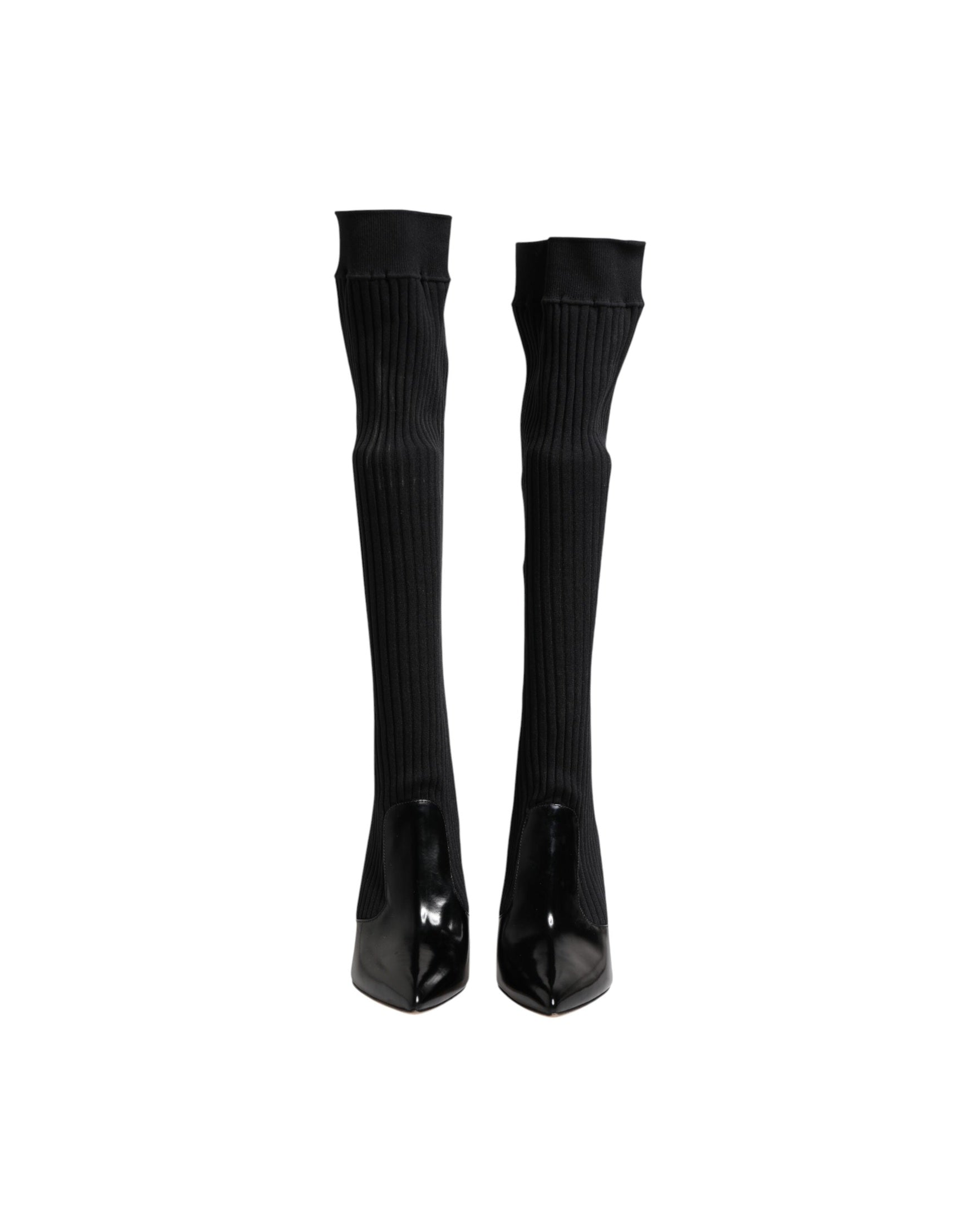 Dolce & Gabbana Black Leather Ribbed Knit Knee Boots Shoes Glam Steals