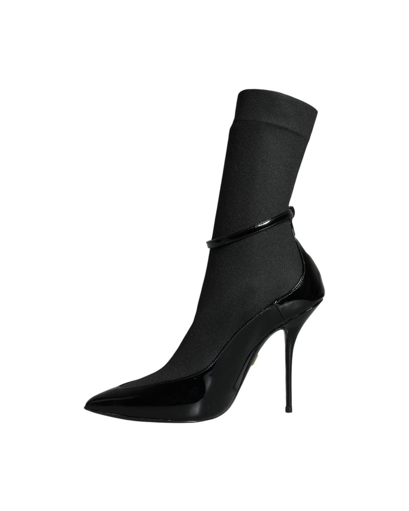 Dolce & Gabbana Black Leather Stilettos Booties Socks Shoes Boots