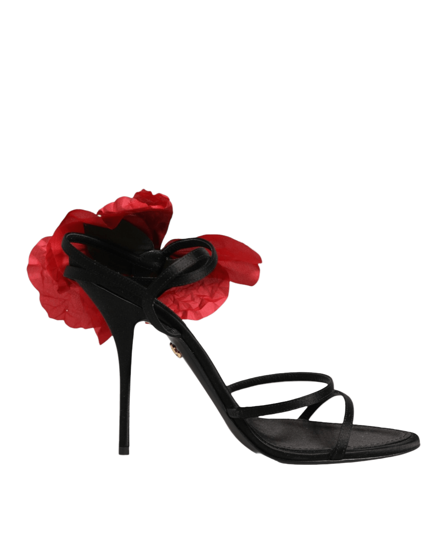 Dolce & Gabbana Black Leather Strappy Flower Heels Sandals Shoes Glam Steals