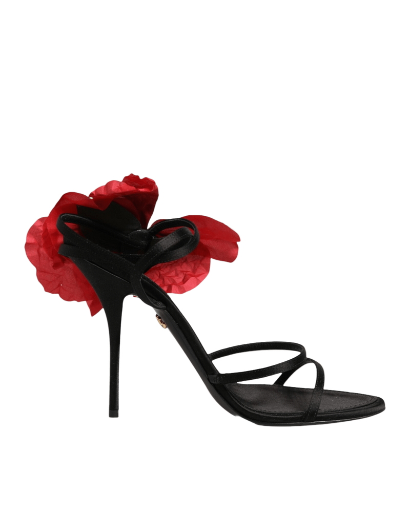 Dolce & Gabbana Black Leather Strappy Flower Heels Sandals Shoes Glam Steals