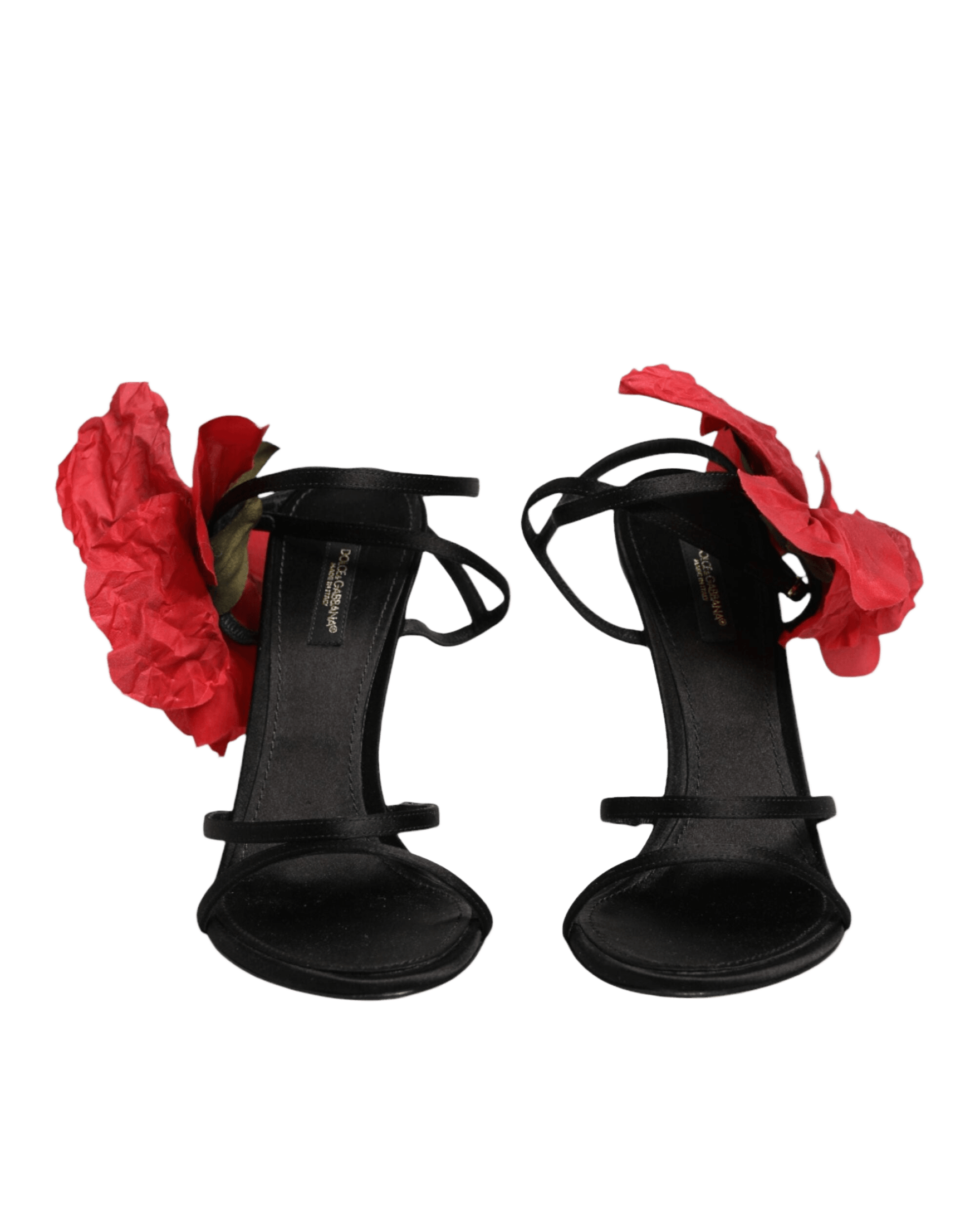 Dolce & Gabbana Black Leather Strappy Flower Heels Sandals Shoes Glam Steals
