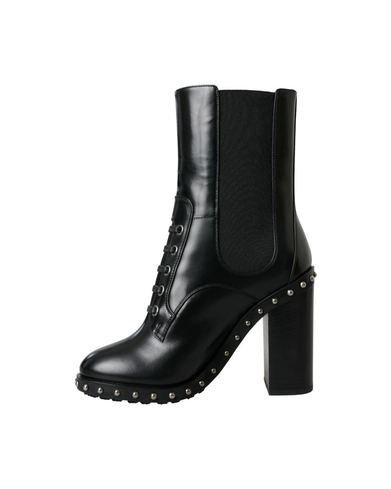 Dolce & Gabbana Black Leather Studded Lace Up Boots Shoes Boots