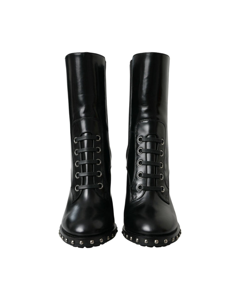 Dolce & Gabbana Black Leather Studded Lace Up Boots Shoes Boots