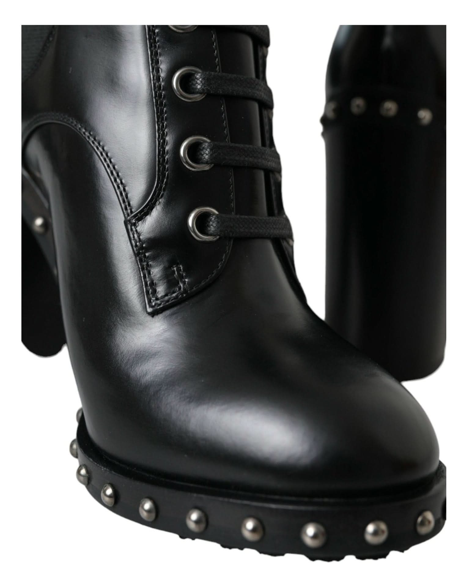 Dolce & Gabbana Black Leather Studded Lace Up Boots Shoes Boots
