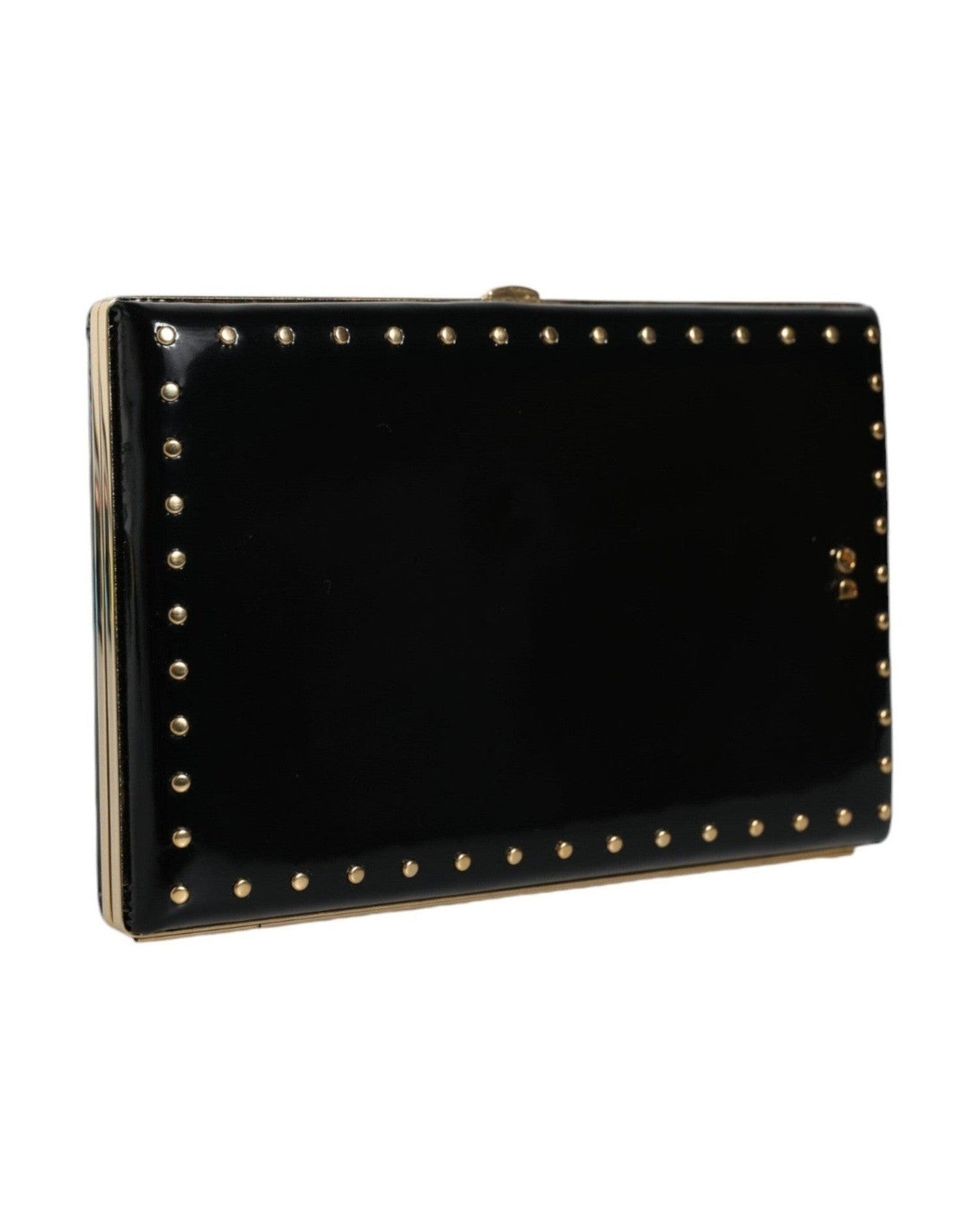 Dolce & Gabbana Leather Studs Frame Clutch Evening Purse Black Gold Bag Glam Steals