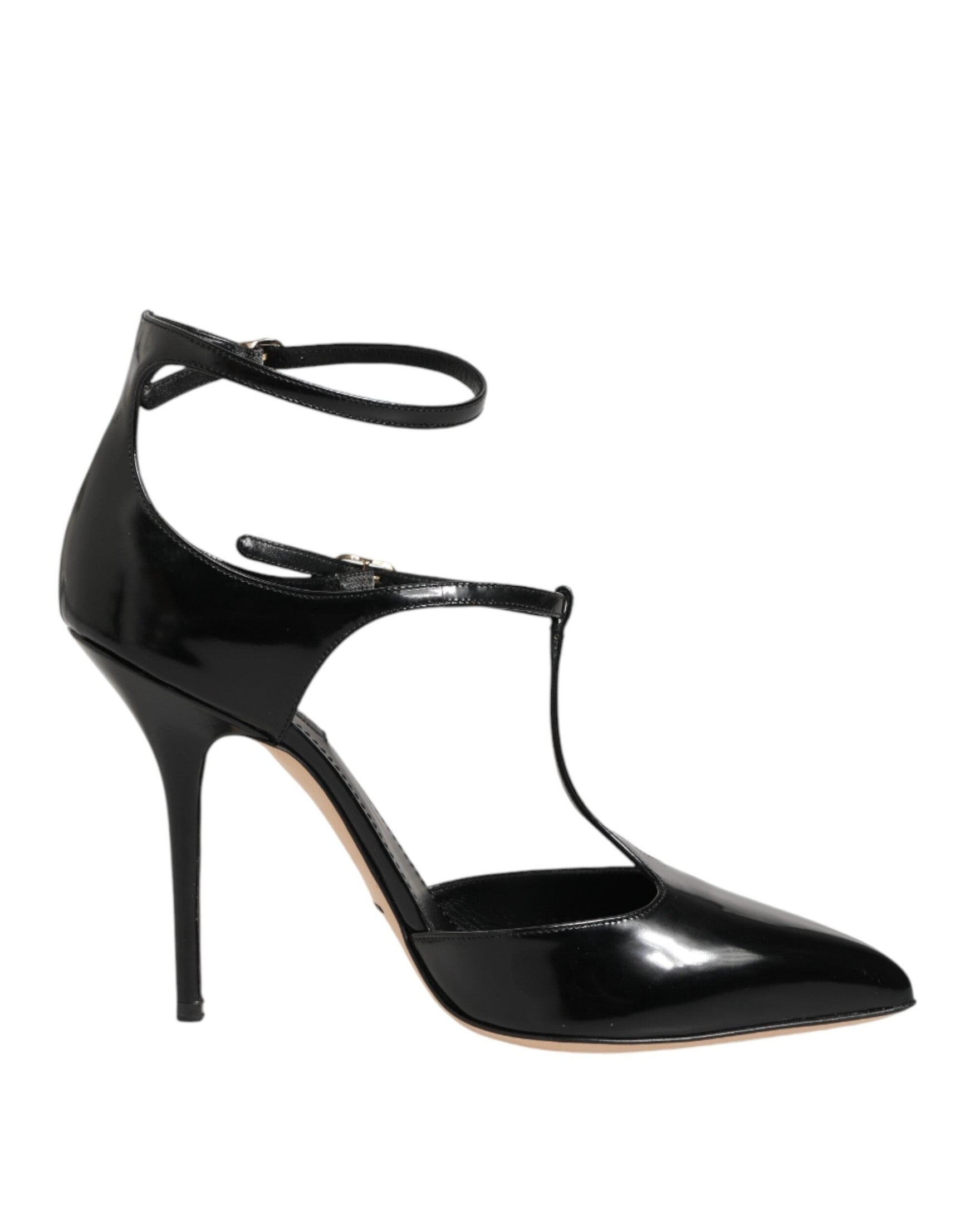 Dolce & Gabbana Black Leather T Straps Heels Sandals Shoes Glam Steals