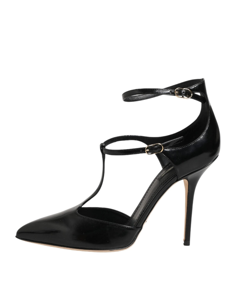 Dolce & Gabbana Black Leather T Straps Heels Sandals Shoes Glam Steals