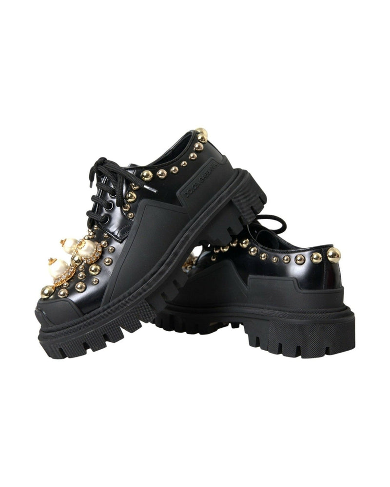 Dolce & Gabbana Black Leather Trekking Derby Embellished Shoes Boots
