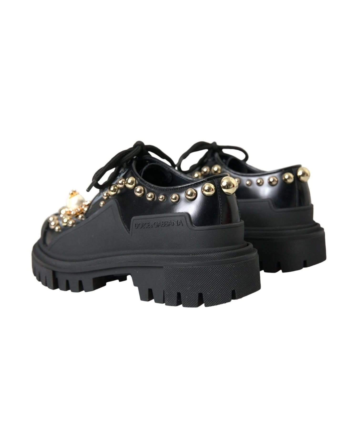 Dolce & Gabbana Black Leather Trekking Derby Embellished Shoes Boots