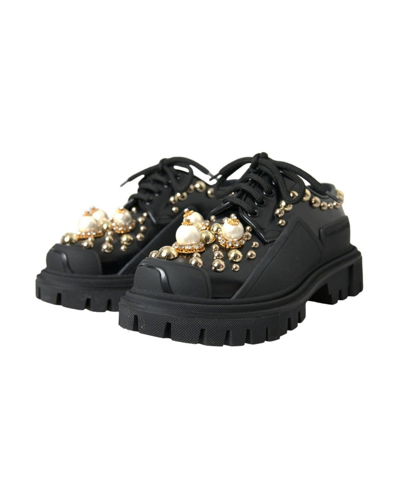 Dolce & Gabbana Black Leather Trekking Derby Embellished Shoes Boots