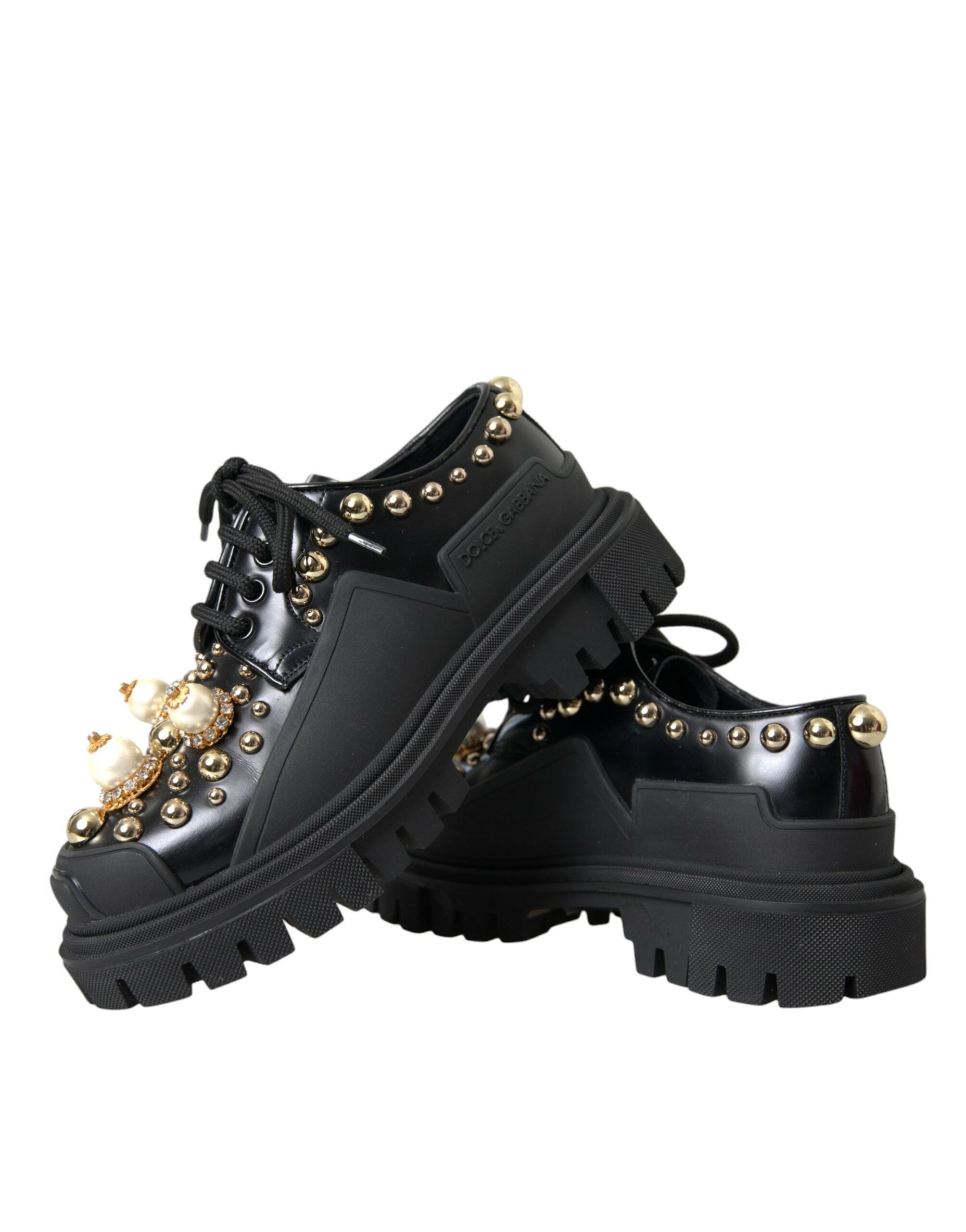 Dolce & Gabbana Black Leather Trekking Derby Embellished Shoes Glam Steals