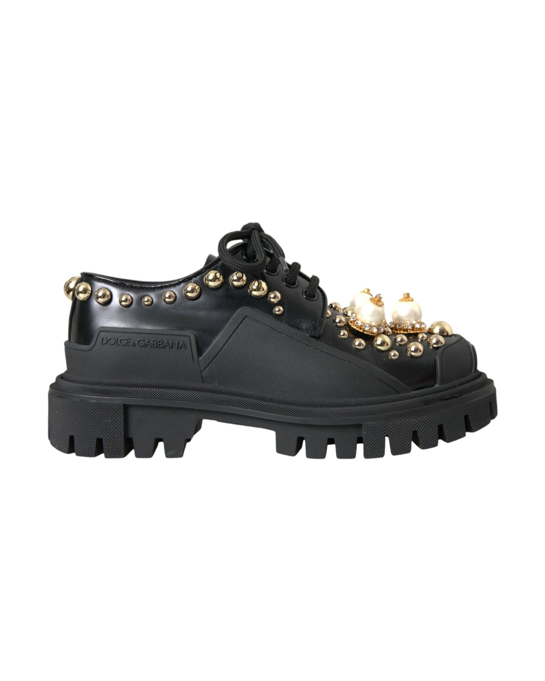 Dolce & Gabbana Black Leather Trekking Derby Embellished Shoes Glam Steals