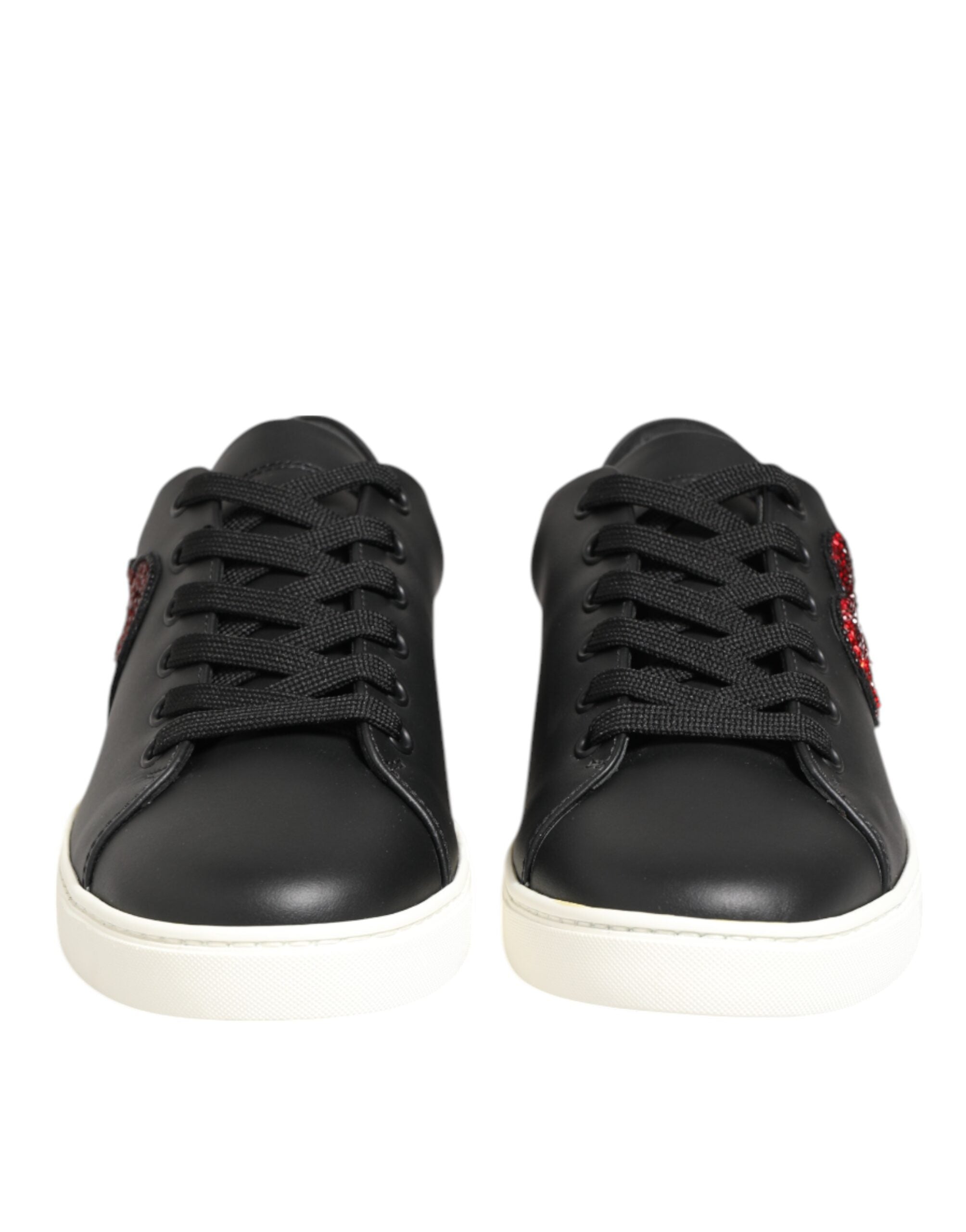 Dolce & Gabbana Black Leather White Crystal Heart Sneakers Shoes Glam Steals