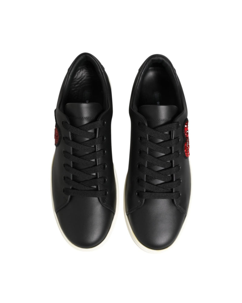 Dolce & Gabbana Black Leather White Crystal Heart Sneakers Shoes Glam Steals