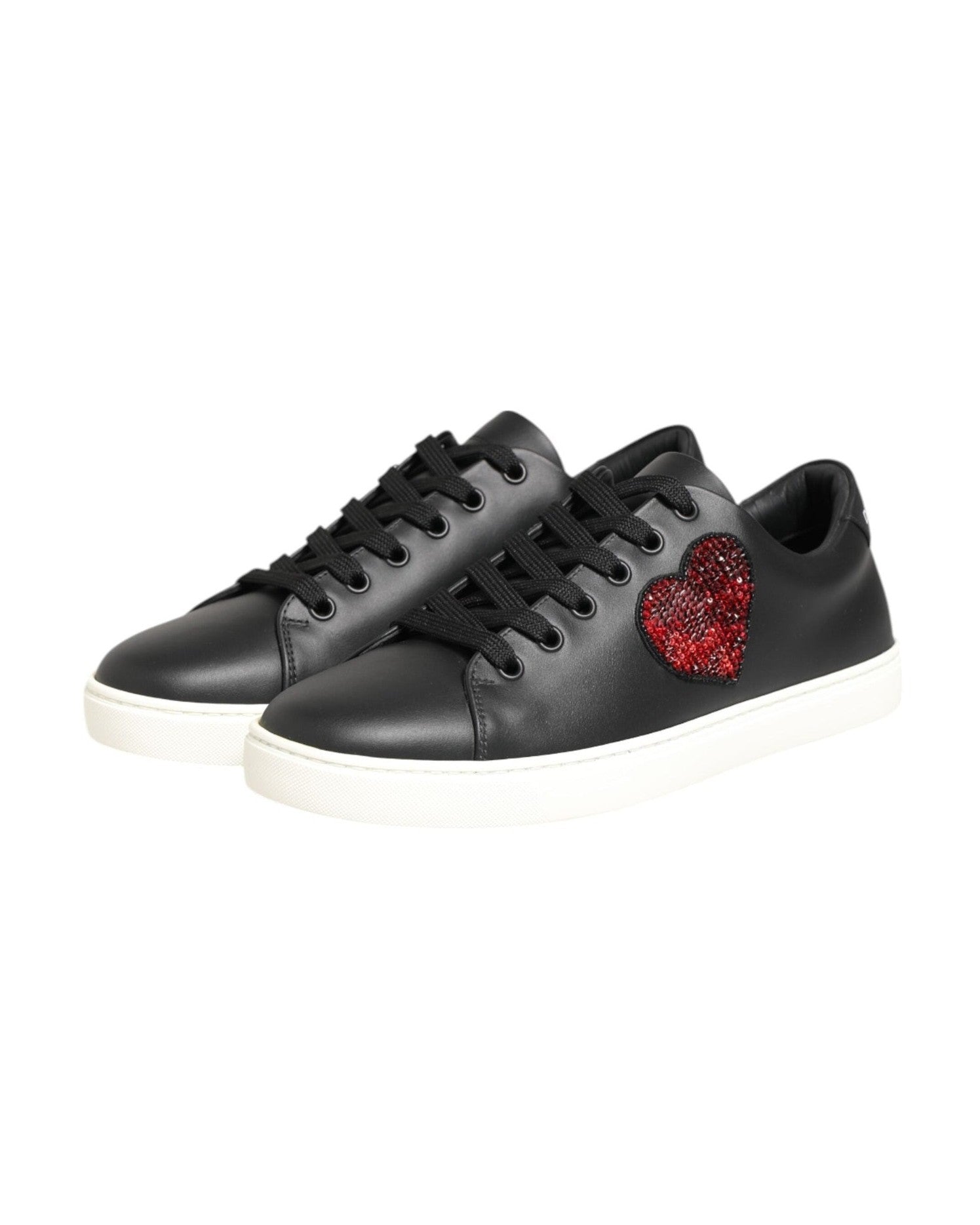 Dolce & Gabbana Black Leather White Crystal Heart Sneakers Shoes Glam Steals